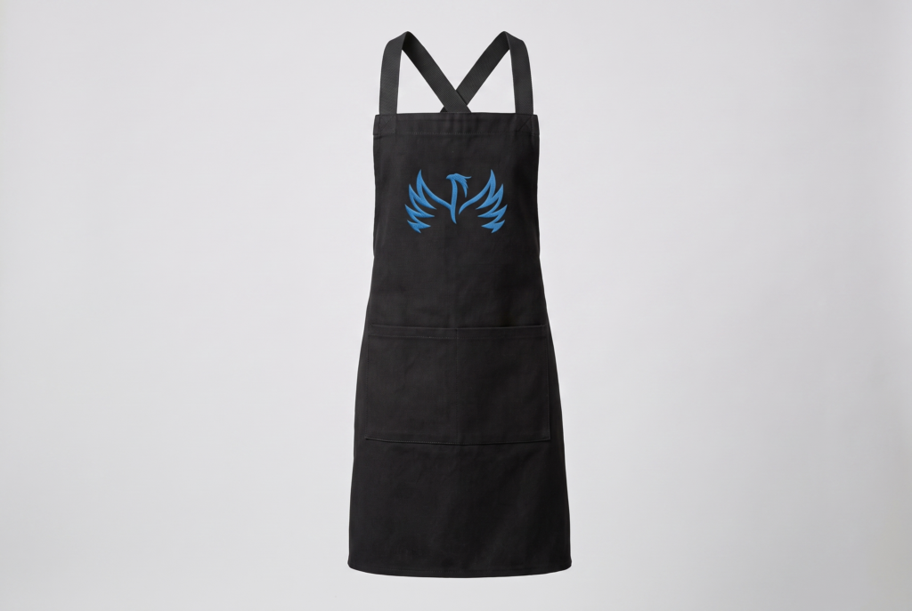Black canvas bib apron with an embroidered chest logo, product mockup for restaurant uniforms in Naples, FL